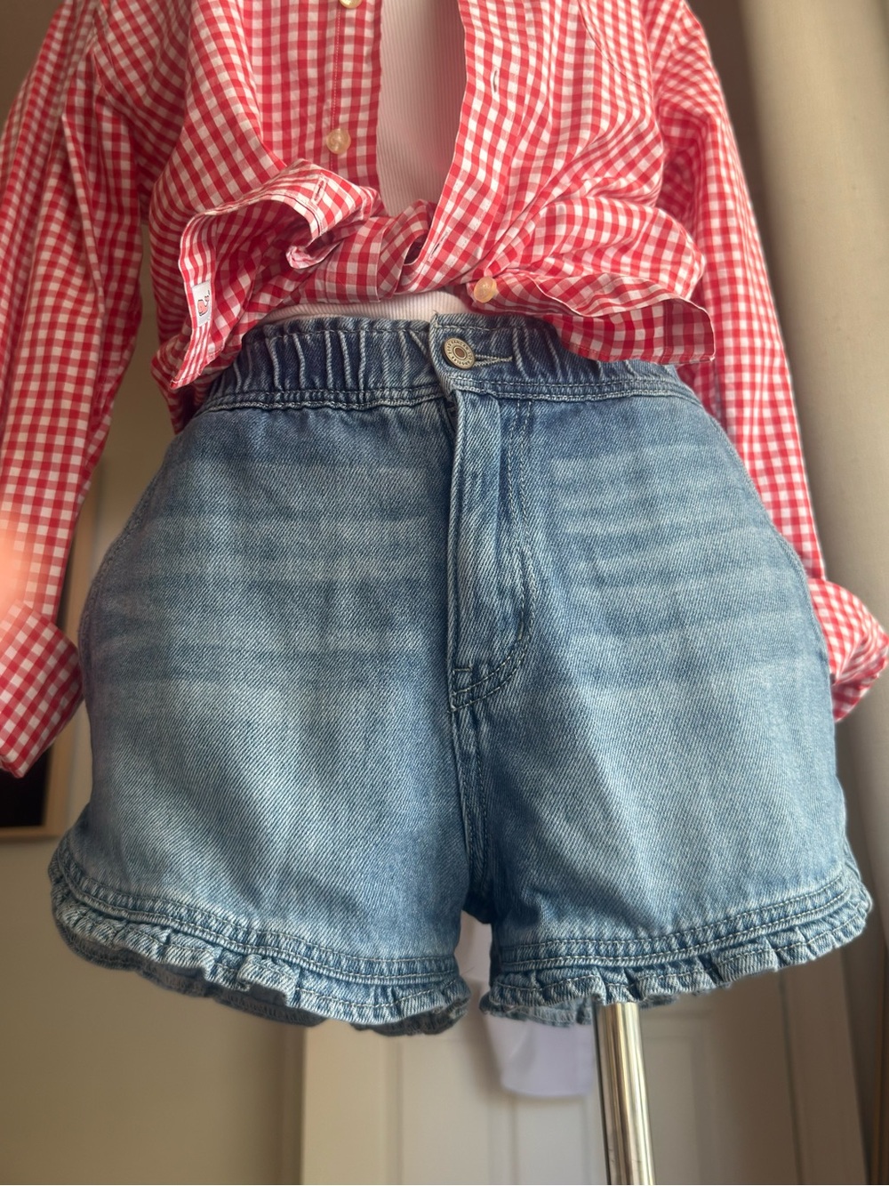 Kancun Blue Ruffle-Hem Denim Shorts- Women's Jean Shorts med but fit is small